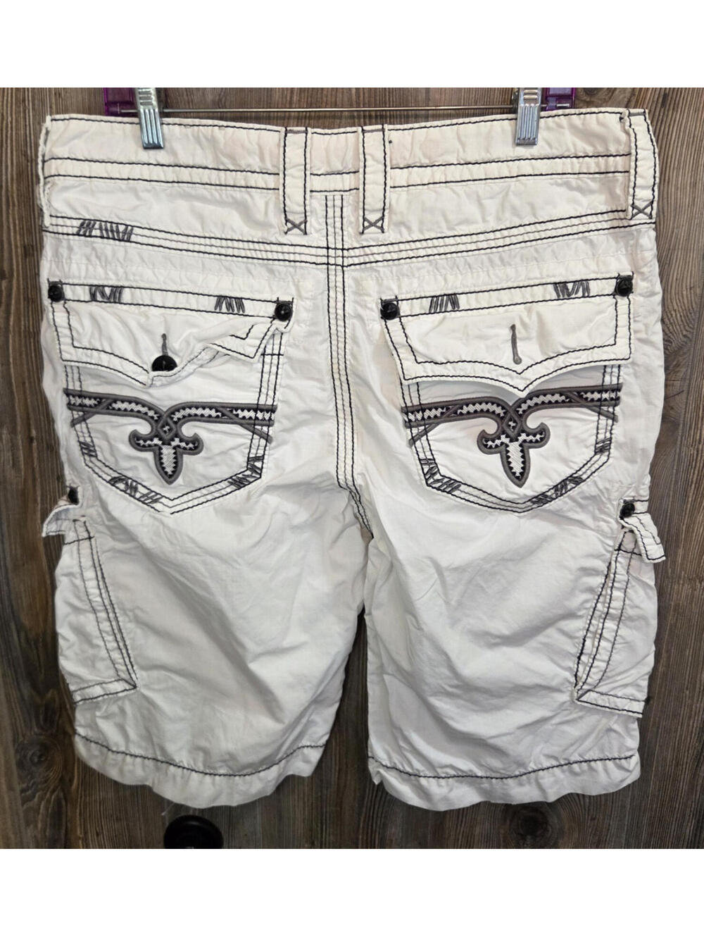 Rock Revival Cargo Shorts "Classic" White Black Stitch Men Size 34/24 - 34x12